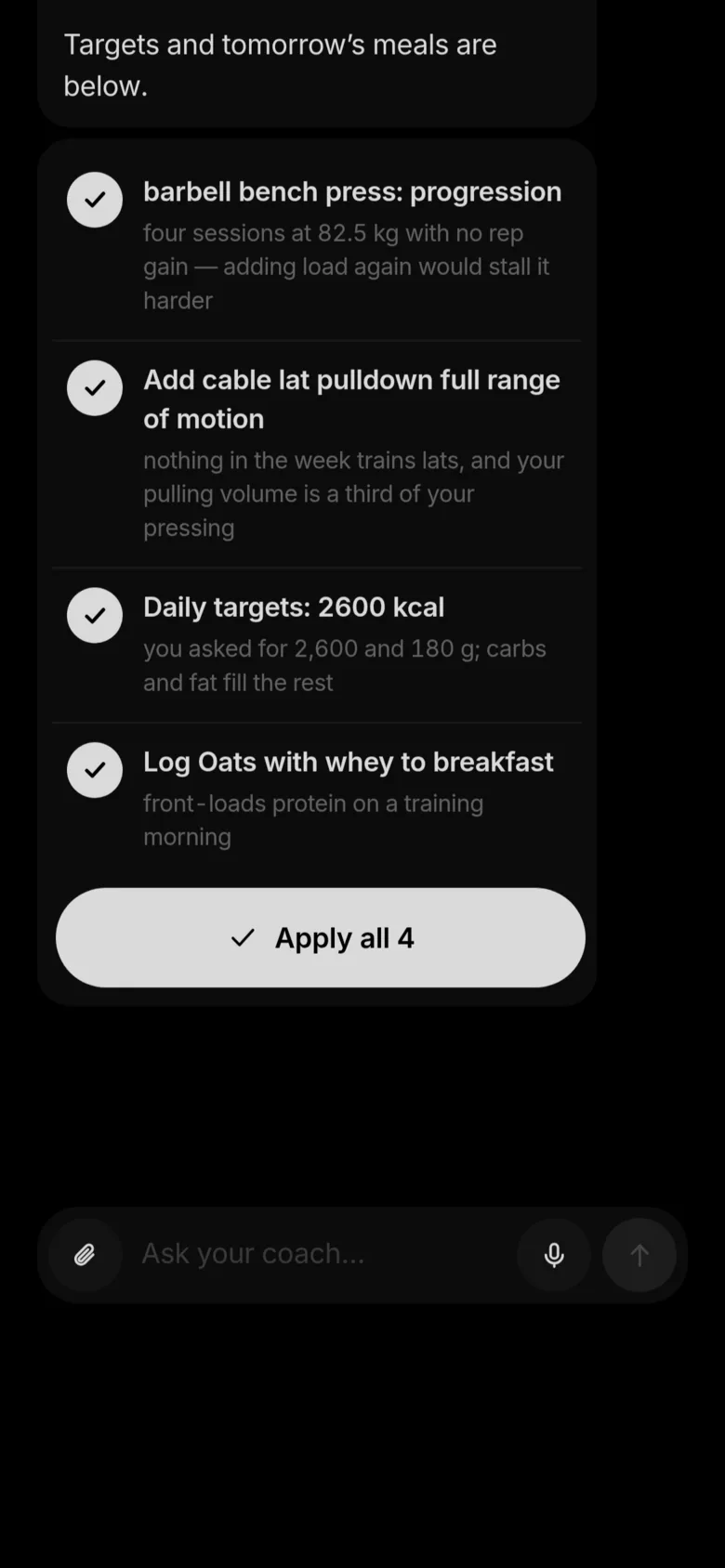 Proposed training and nutrition changes, each with a checkbox