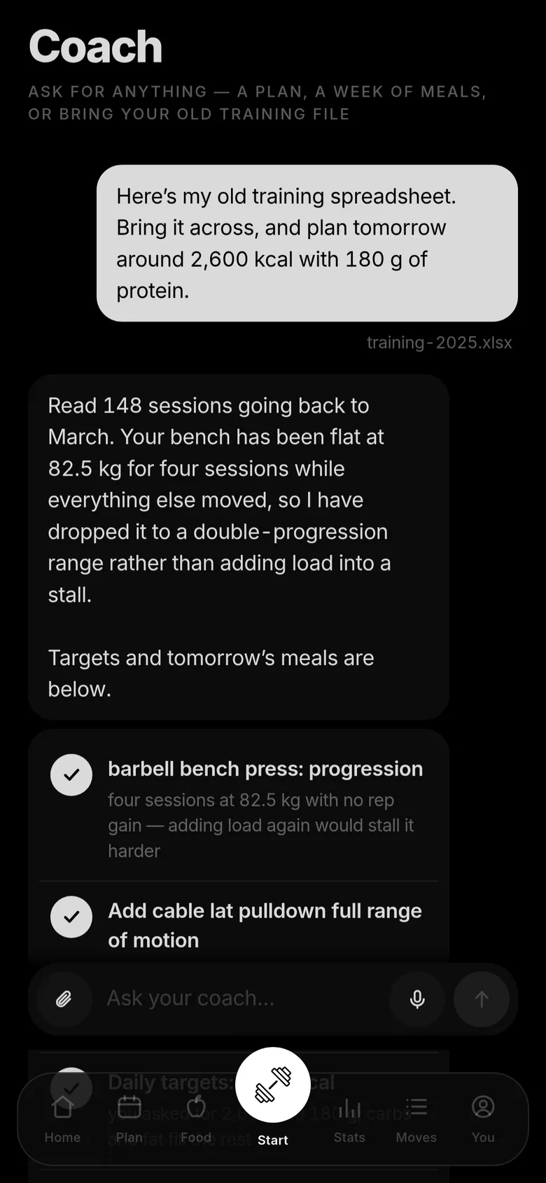 The AI coach reading an attached training spreadsheet