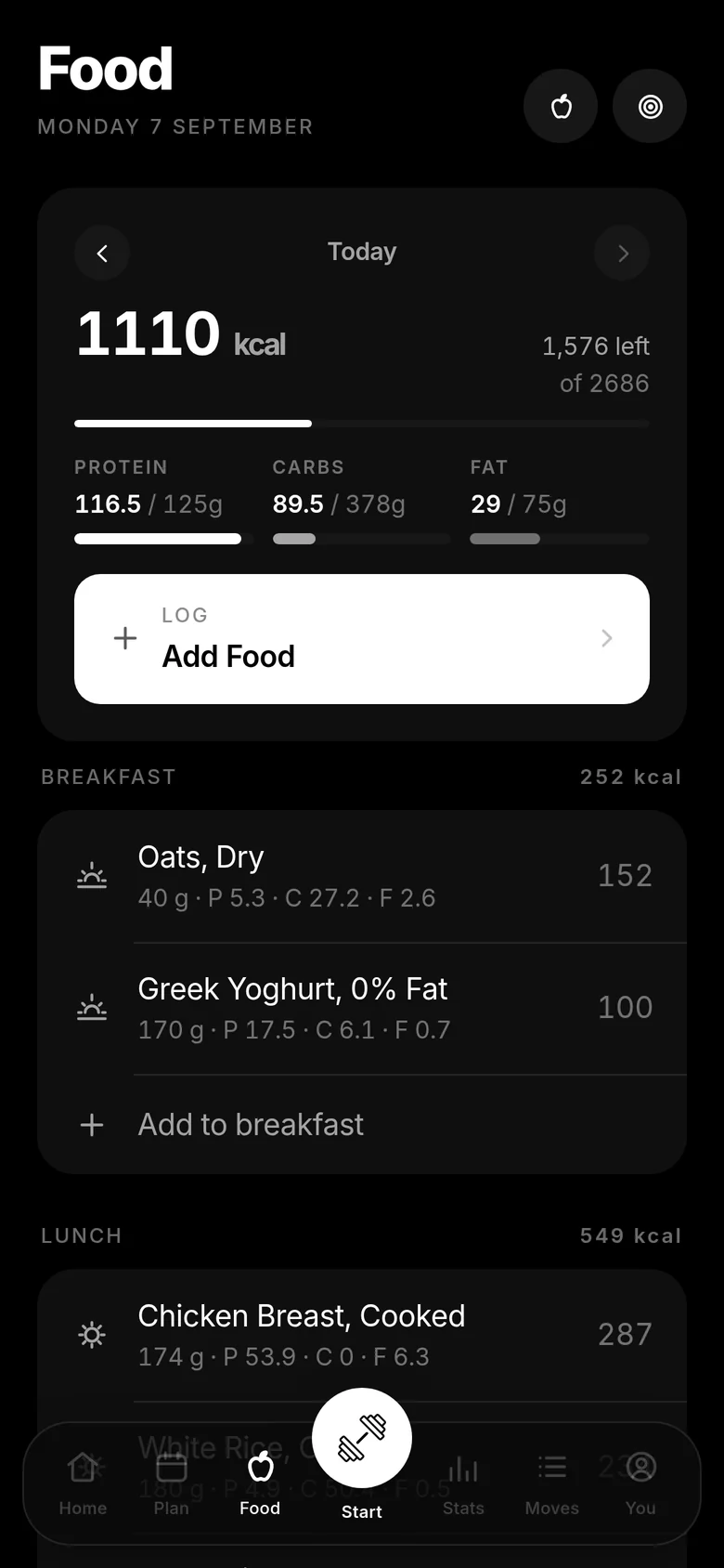The day's food against calorie and macro targets