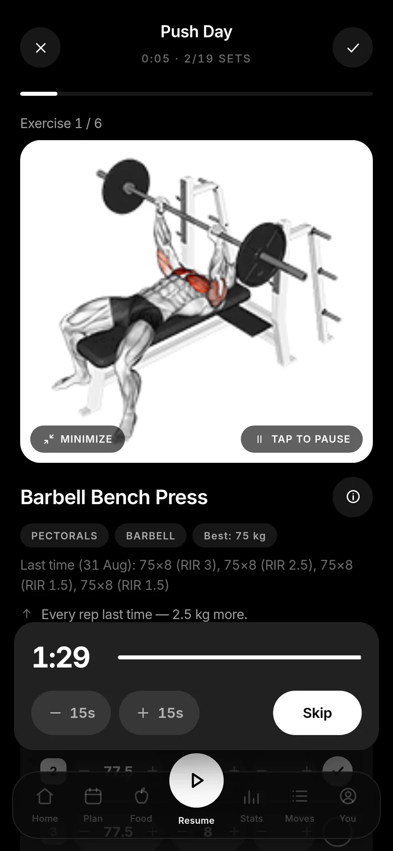 A guided workout with sets, rest timer and progression